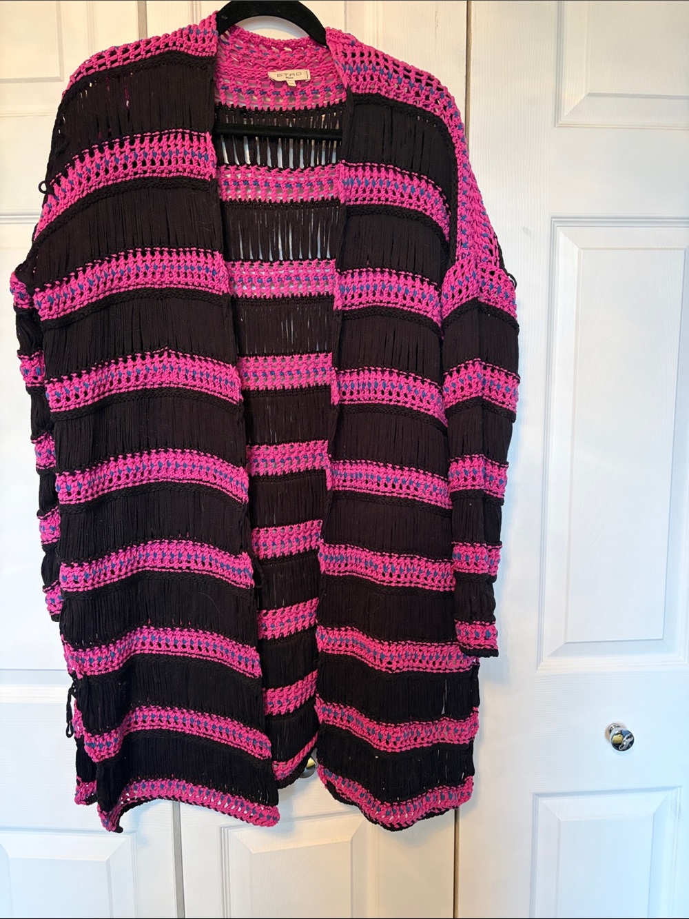 Etro Black and Hot Pink Crochet Stripe Open Cardigan